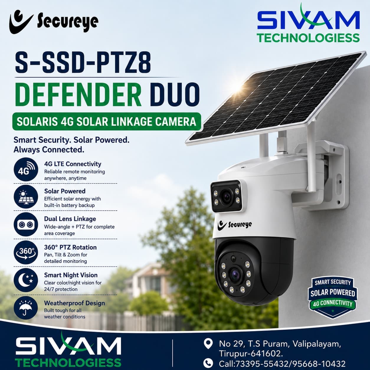 S-SSD-PTZ8 Defender Duo Solaris 4G Solar Linkage Camera | Wireless Surveillance